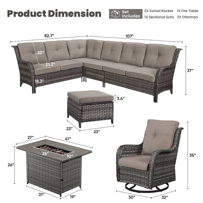 Gymojoy 6-Piece Outdoor Wicker Patio Furniture with Fire Pit and L-shaped Sectional Sofa, Coversation Set with Thick Cushions