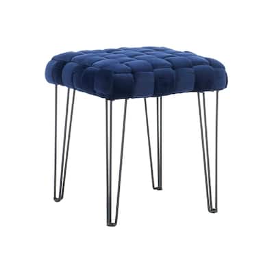 Ottoman Stool with Basket Woven Pattern and Tapered Legs, Navy Blue