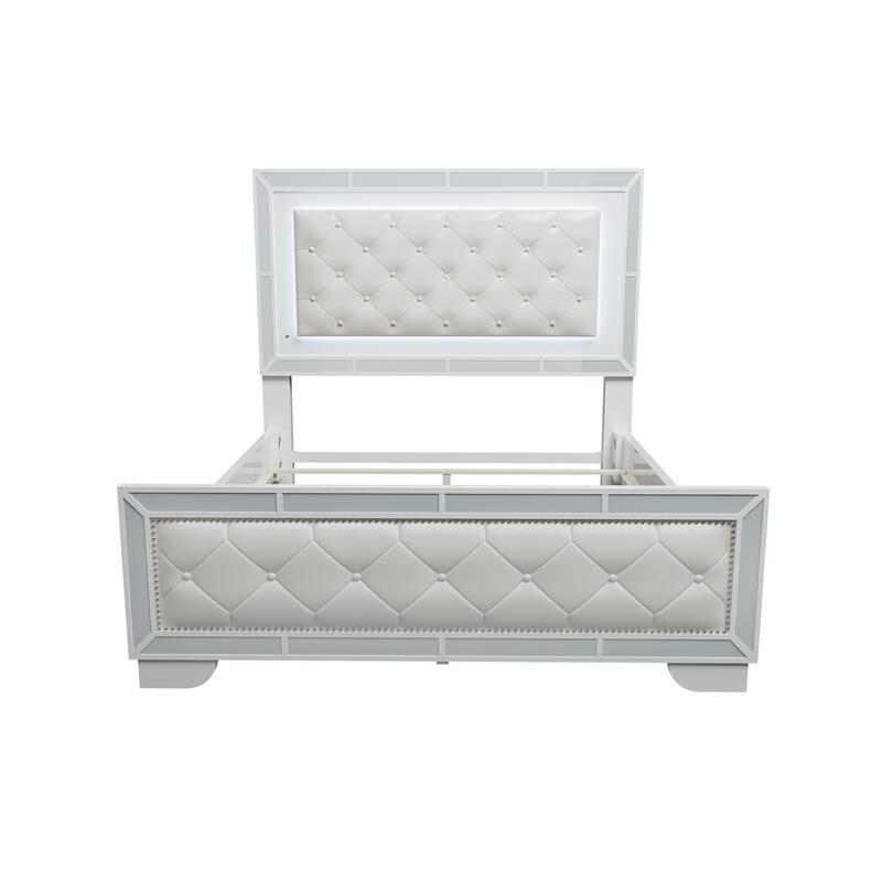 Transitional Style 1pc Bed Set Button Tufted Headboard And Footboard LED Lights Cr eam Finish Bedroom Furniture