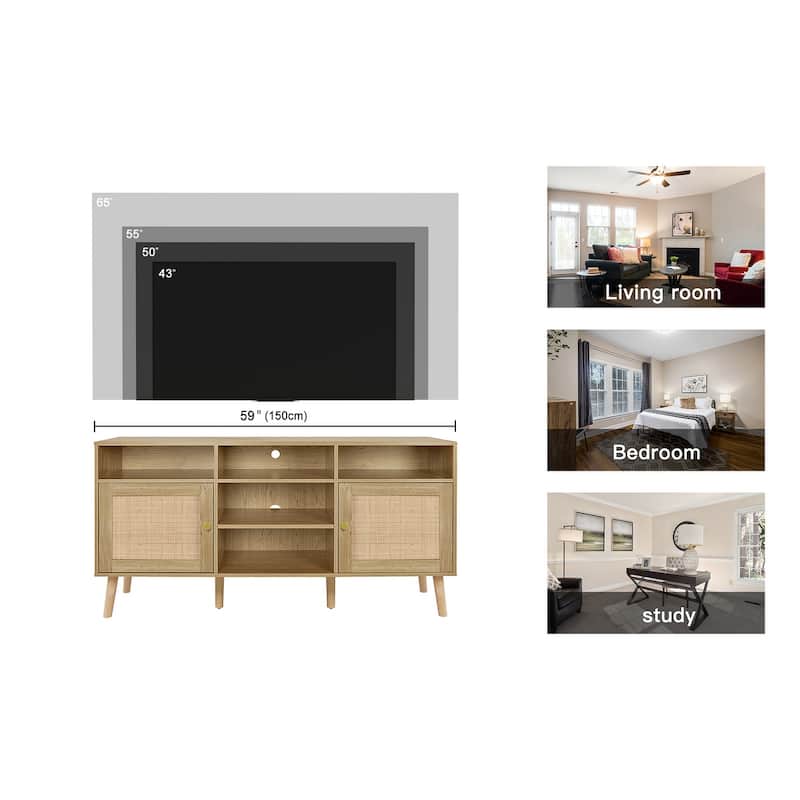 Anmytek Modern Rattan Wood TV Stand Console Table Entertainment Centers for TVs up to 65" - 59"