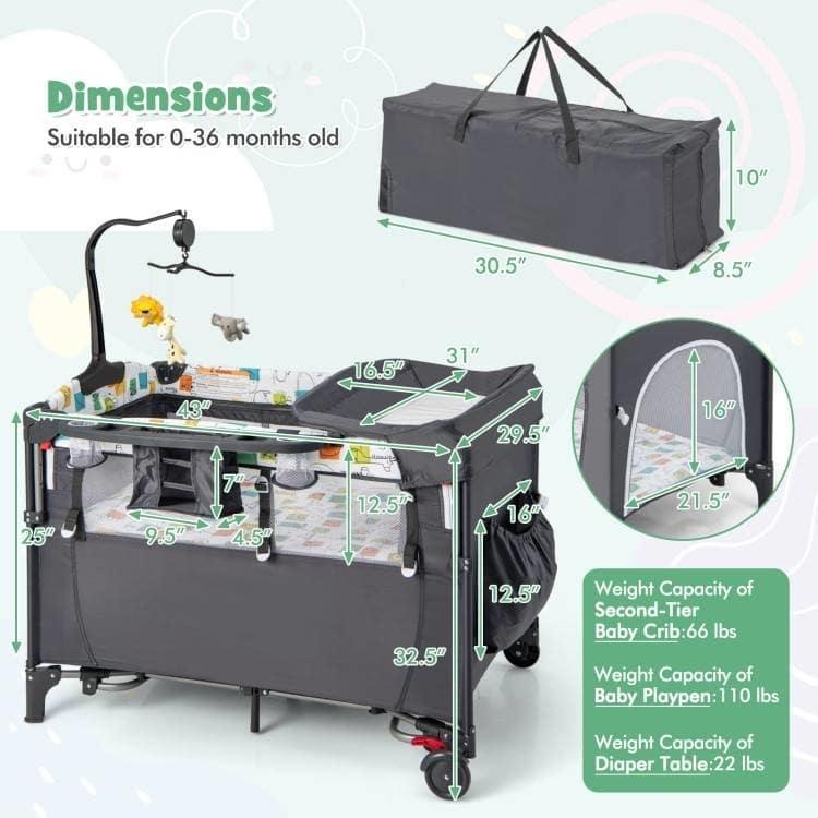 5-in-1 Infant Bed Cradle Changing Table with Side Storage and Music Rack Safety Strap - 43" x 29.5" x 32.5" (L x W x H)