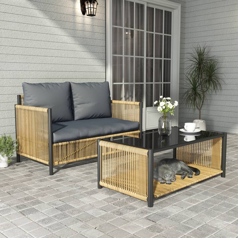 4-Piece Outdoor PE Wicker Sofa Set, All Weather Patio Conversation Furniture Set with Removable Cushions and Coffee Table