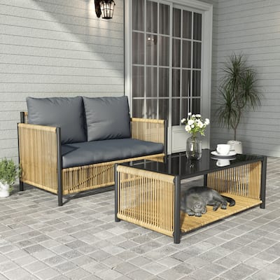 Modern 2-Piece PE Wicker Patio Sofa Set with Grey Cushions and Coffee Table, Outdoor Seating for Balcony or Garden