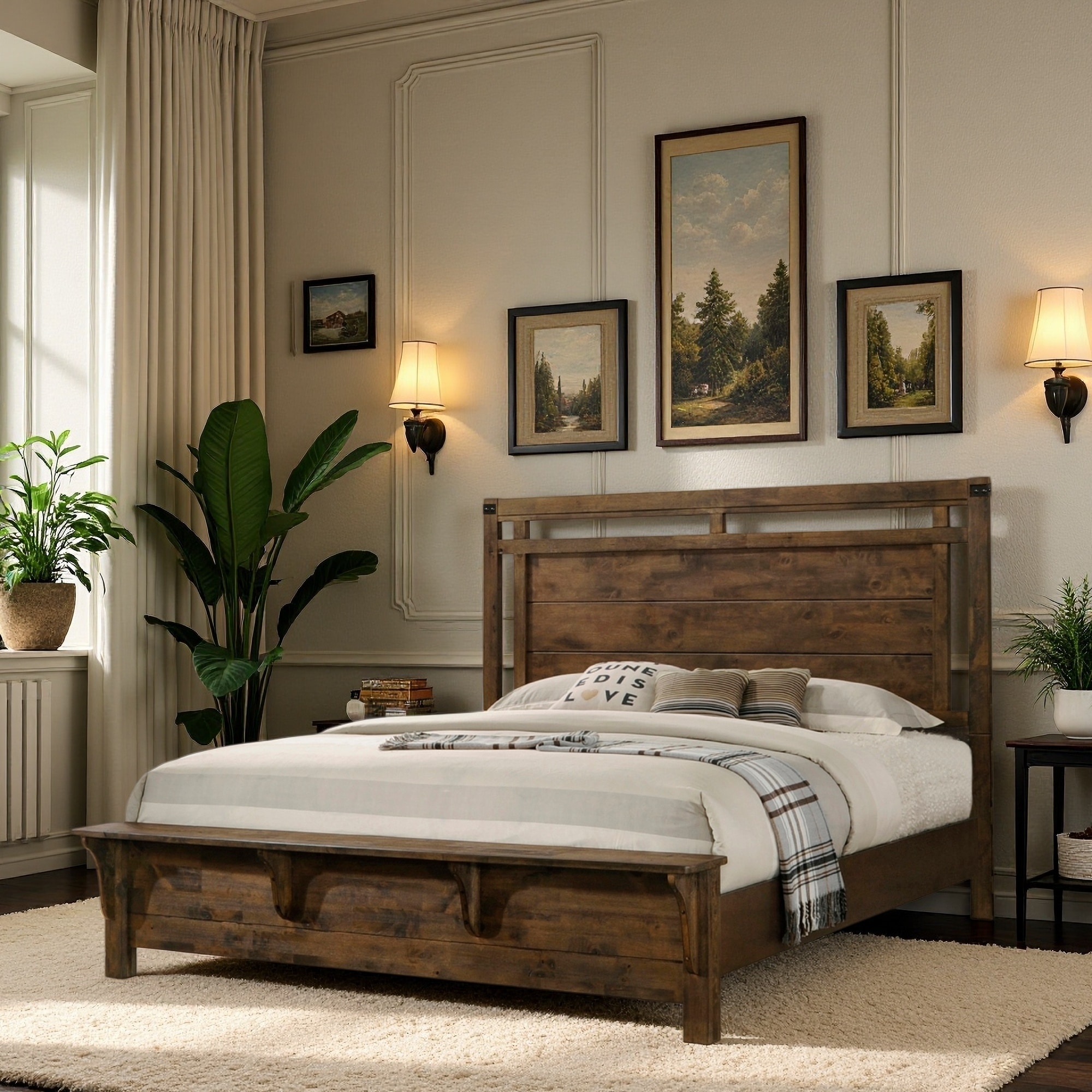 Queen Size Solid Wood Panel Bed with Rustic Industrial Style and Built-in Bench Footboard