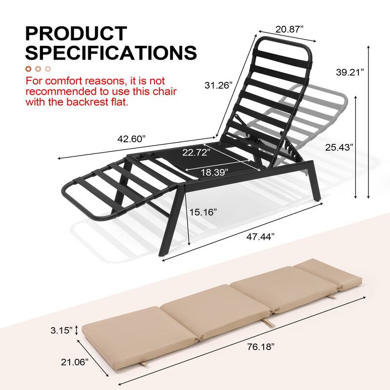 Outdoor Chaise Lounge Chairs (Set of 2) with Cushion and Adjustable Back