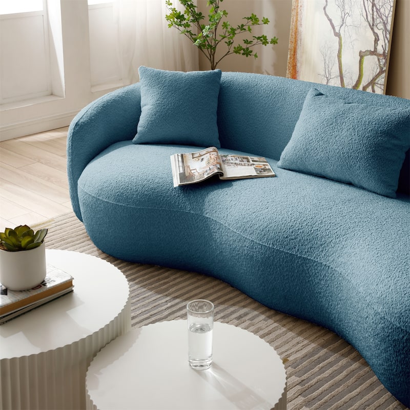 Modern Blue Curved Boucle Fabric Couch for Bedroom, Apartment