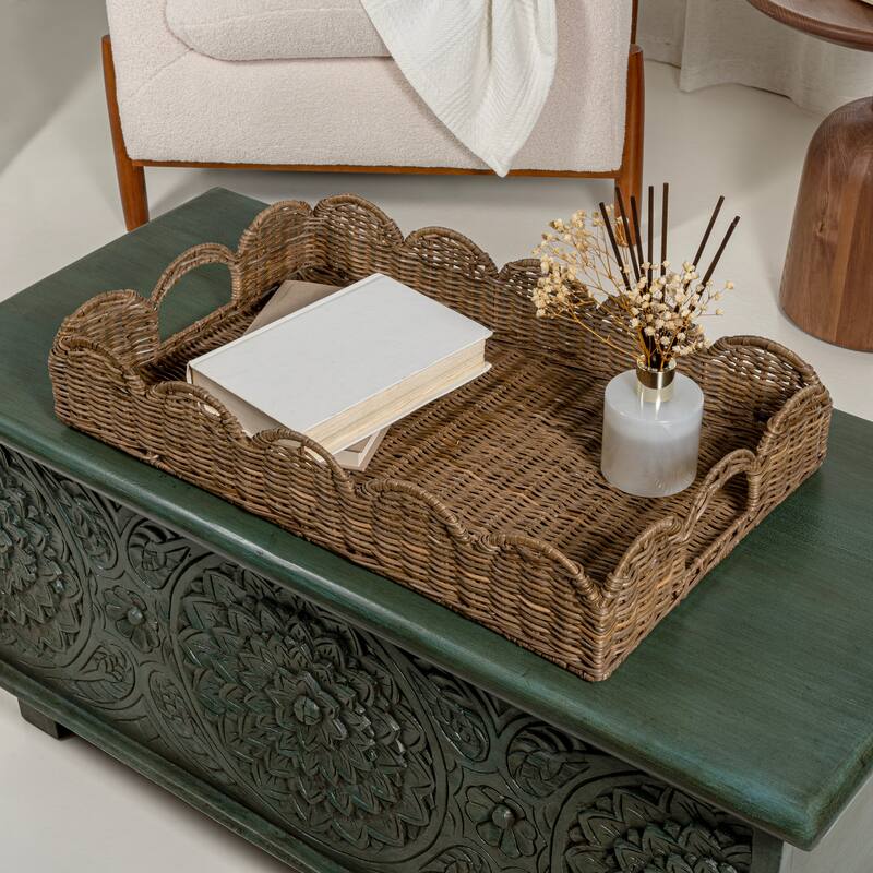 happimess Scalloped 21.5" Southwestern Cottage Hand-Woven Rattan Tray with Handles, Natural
