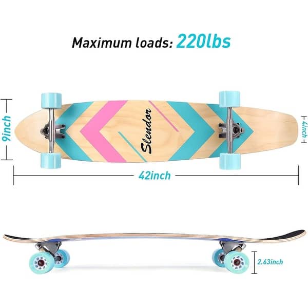 42 in. Geometric Pink Longboard Skateboard Drop Through Deck Complete Maple Cruiser Freestyle, Camber Concave