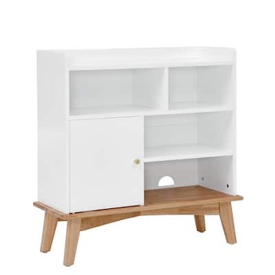 Oak and Off-White MDF Storage Cabinet with Open Compartments and Outlet - 31.5” x 11.8” x 23.7”