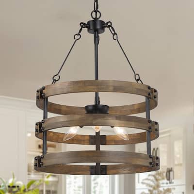 Rustic 3-Light Wood Drum Chandelier Farmhouse Airy Kitchen Island Pendant Light - Dia.15.5"xH21.5"