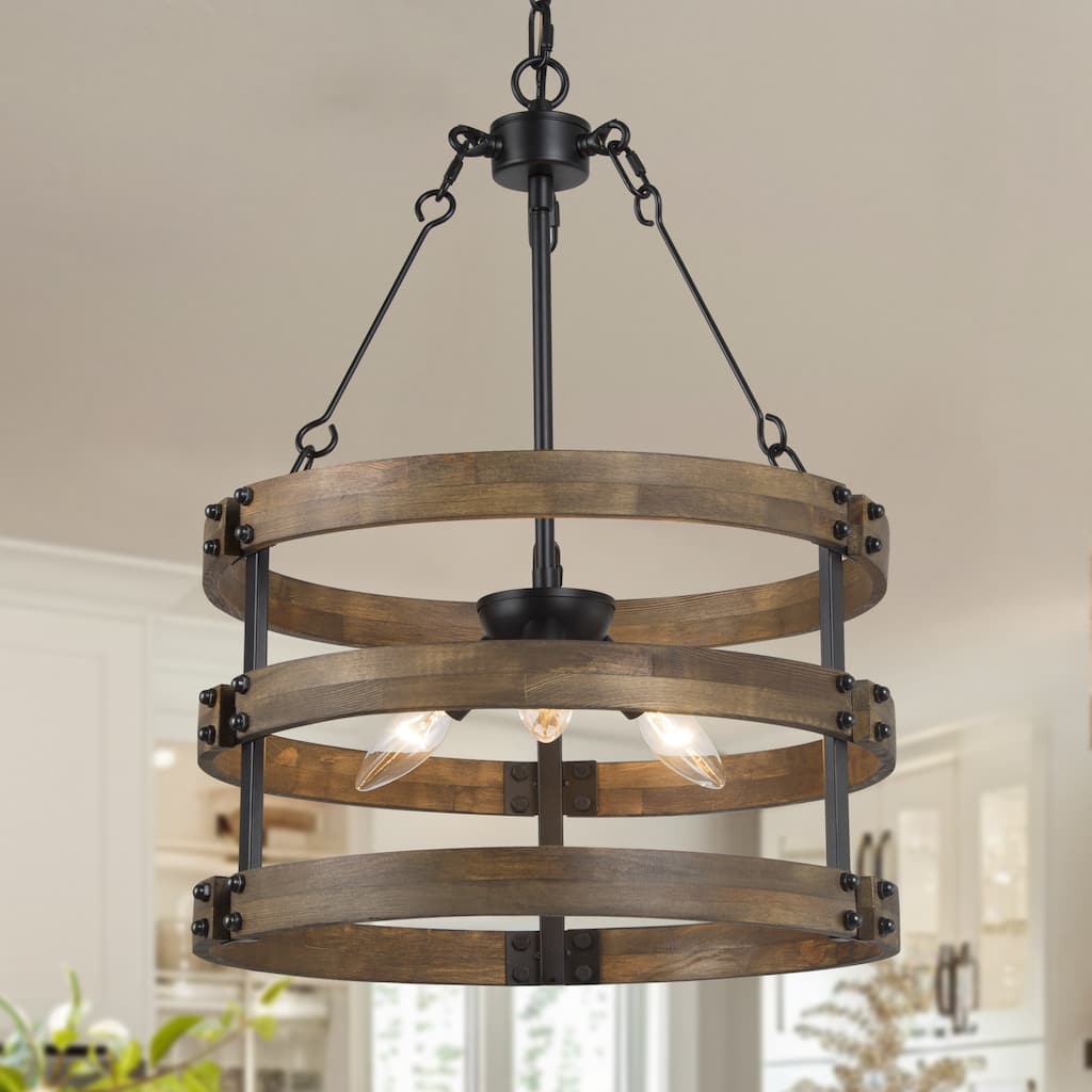 Rustic 3-Light Wood Drum Chandelier Farmhouse Airy Kitchen Island Pendant Light - Dia.15.5"xH21.5"