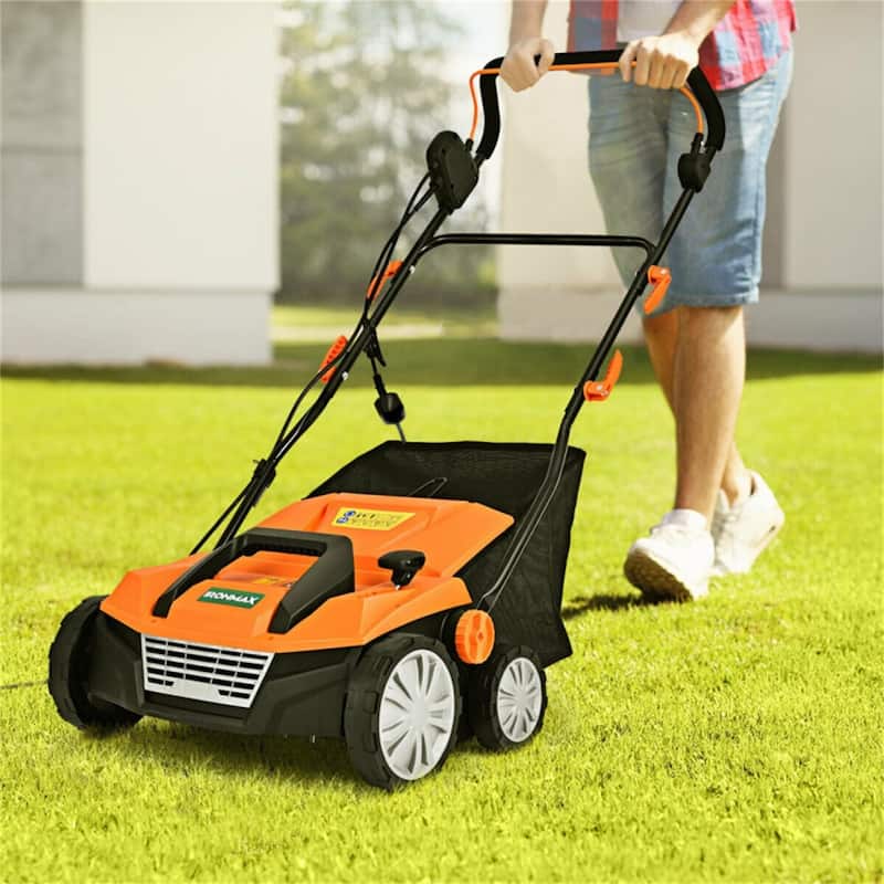 Corded Electric Scarifier Lawn Dethatcher 15-Inch Cutting Width 4-Height Adjustable 50L Grass Collector 13 Amp Motor Orange
