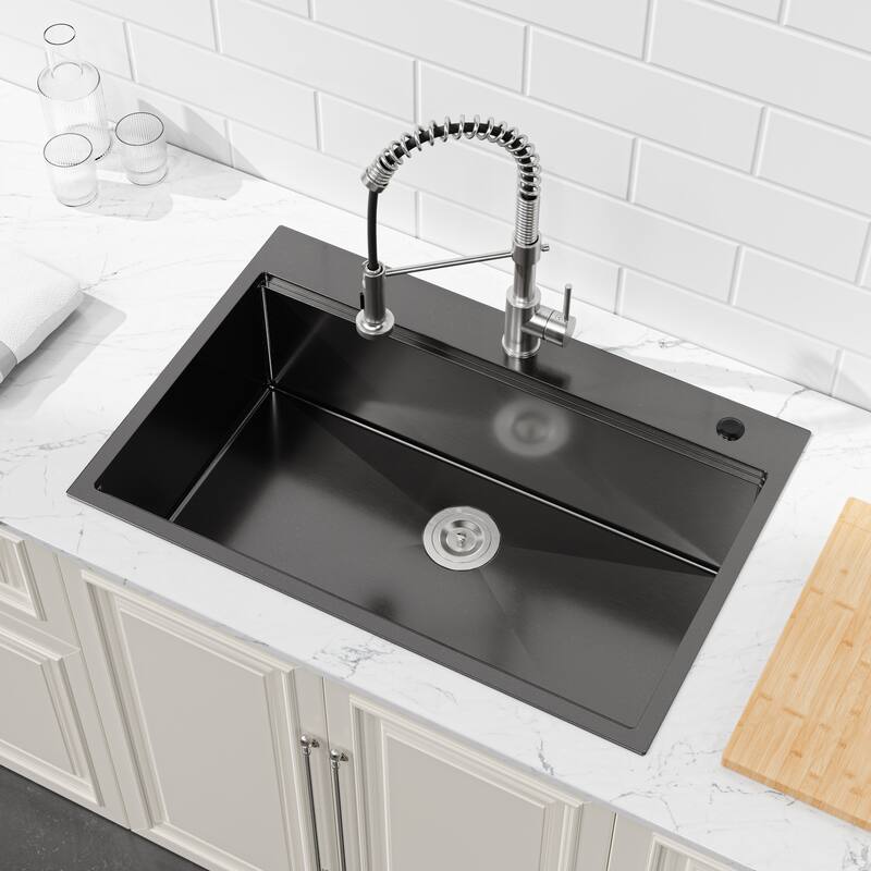 Stainless Steel Kitchen Sink, 30″x22″ Single Bowl, Overmount Handmade Sink in Black, with Cutting Board, Colander