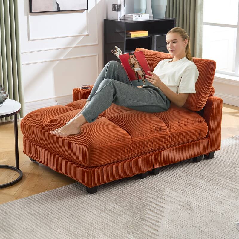 Oversized Corduroy Upholstered Single Chaise Lounge Sofa Couch Switchable Armrest with Cup Holders, USB Ports and Pockets