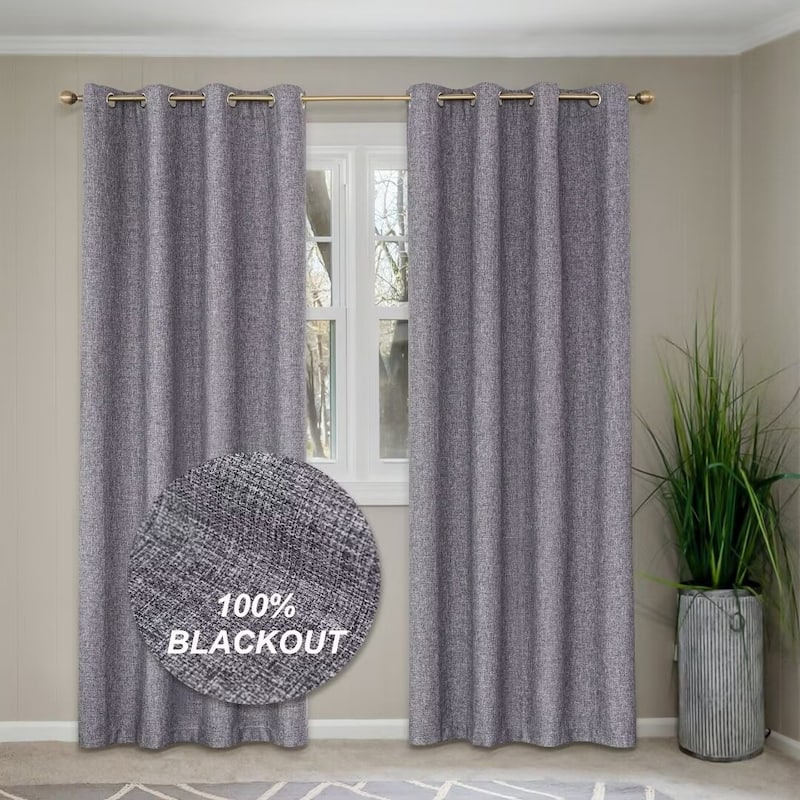 Linen Textured 100% Blackout Grommet Curtain Pair(Set of 2) - 52"Wx96"L - Stone Blue