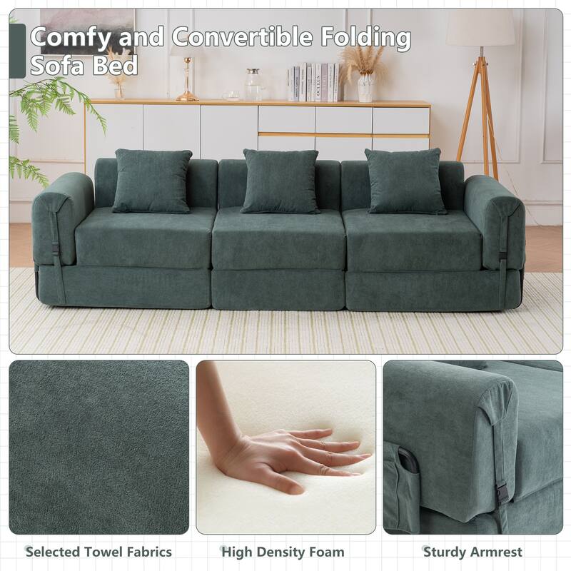 Folding Recliner Sofa 3-seater Straight Row Sectional Sofa Convertible Sleeper Sofa Bed, Fold Out Floor Couch Modular Sofa