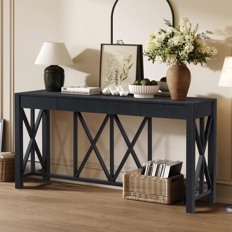 Modern Acacia Wood 60" Console Table with 4 Drawers and Unique X-Design for Entryway or Living Room