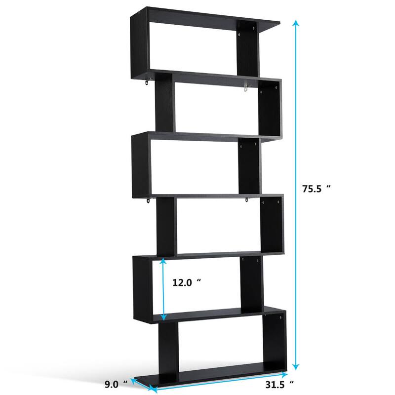 S-Shaped 6 Tier Room Dividing Bookcase Wooden Storage Display
