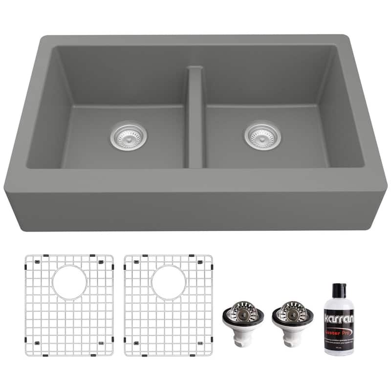 Karran USA QAR-750-PK1 Quartz QAR 34" Farmhouse Double Basin Quartz - Grey