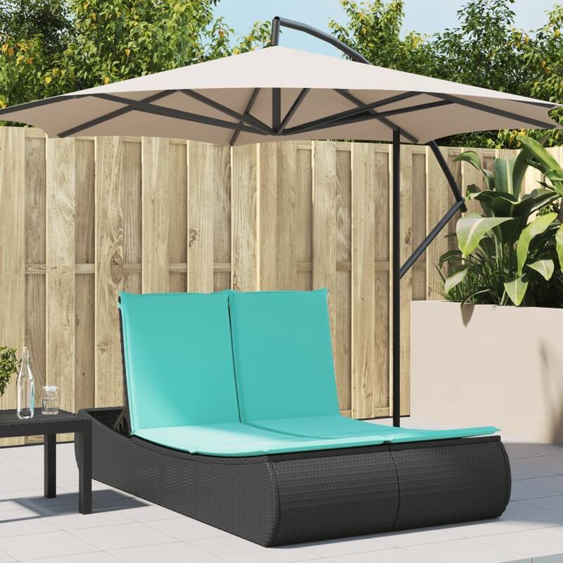 vidaXL Double Sun Lounger with Cushions Poly Rattan - 43.3" x 78.7" x 29.5" - Black