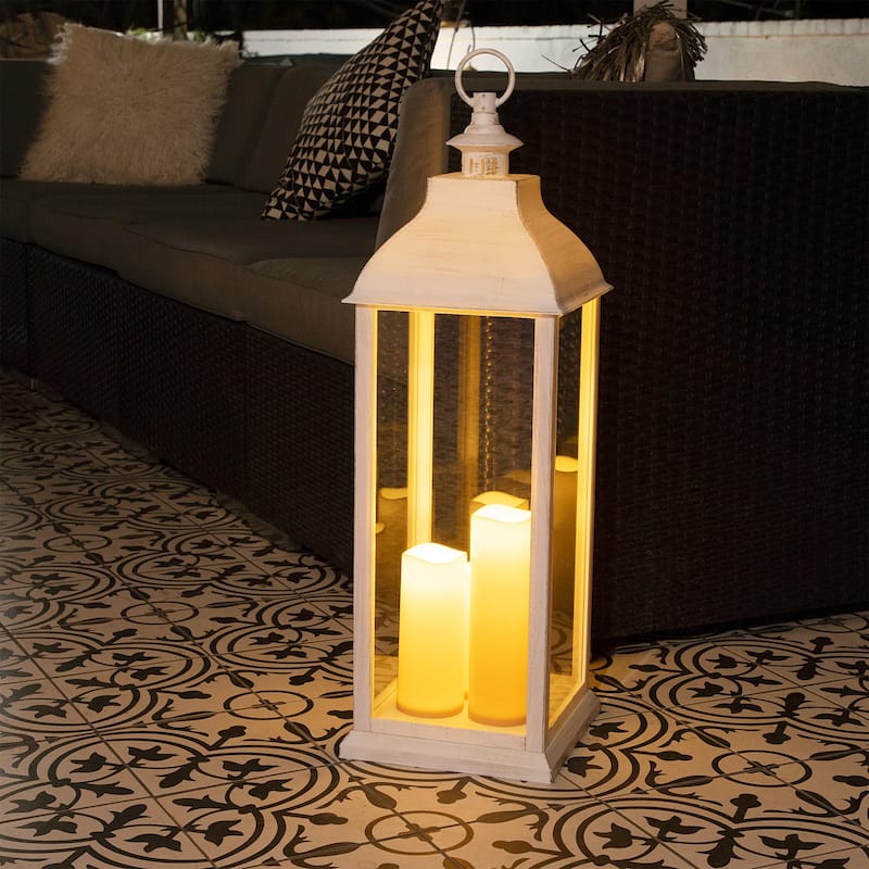 Alpine Corporation 28" Tall Outdoor Battery-Operated Lantern with LED Lights, White