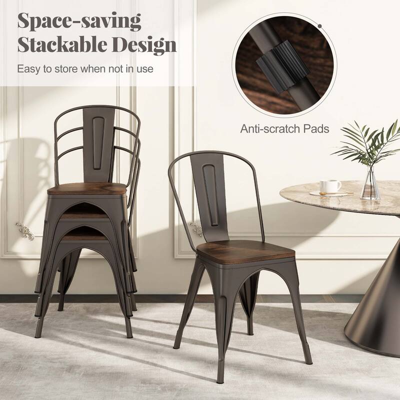 Gymax Metal Dining Chairs Set of 4 w/ Wood Seat & Removable Backrest