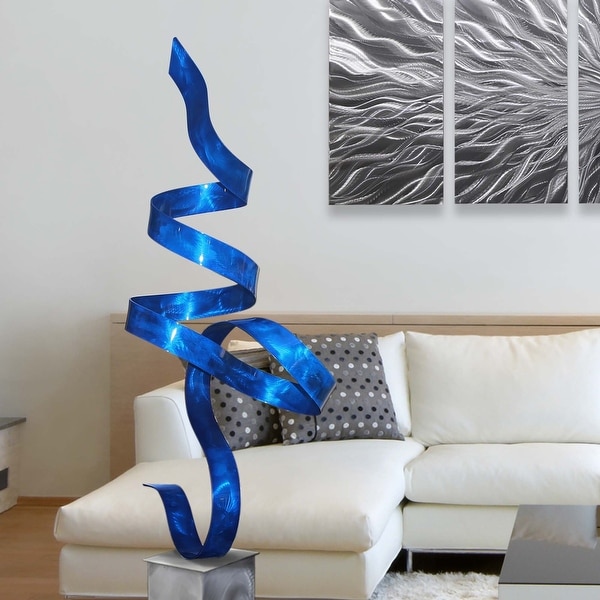Statements2000 Large Modern Metal Sculpture Indoor Outdoor Garden Art Decor by Jon Allen - Blue Perfect Moment with Silver Base