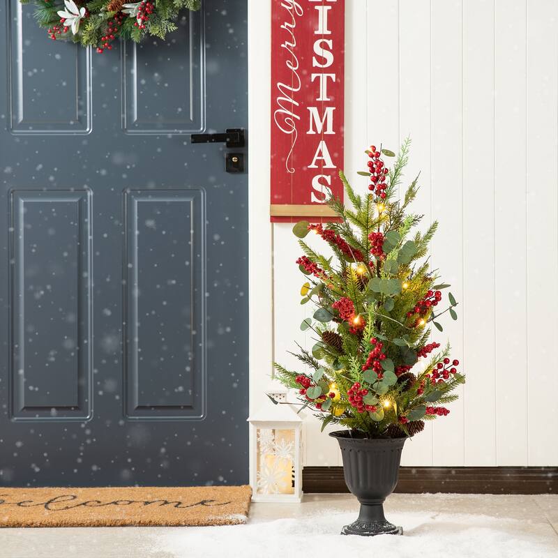 Glitzhome 3ft Christmas Lighted Pine Needle and Eucalyptus Leaf Urn Porch Tree with Timer - 1-Piece Green