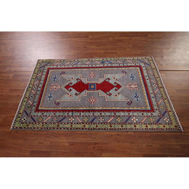 Gray Geometric Kazak Foyer Rug Handmade Oriental Wool Carpet - 3'4" x 5'5"