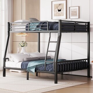Modern Full XL Over Queen Size Metal Frame Bunk Bed with Ladder and Slats Support, Black