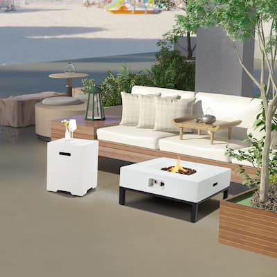 AVAWING 2-Piece 32" Square Concrete Fire Table with Shelves and Tank Holder