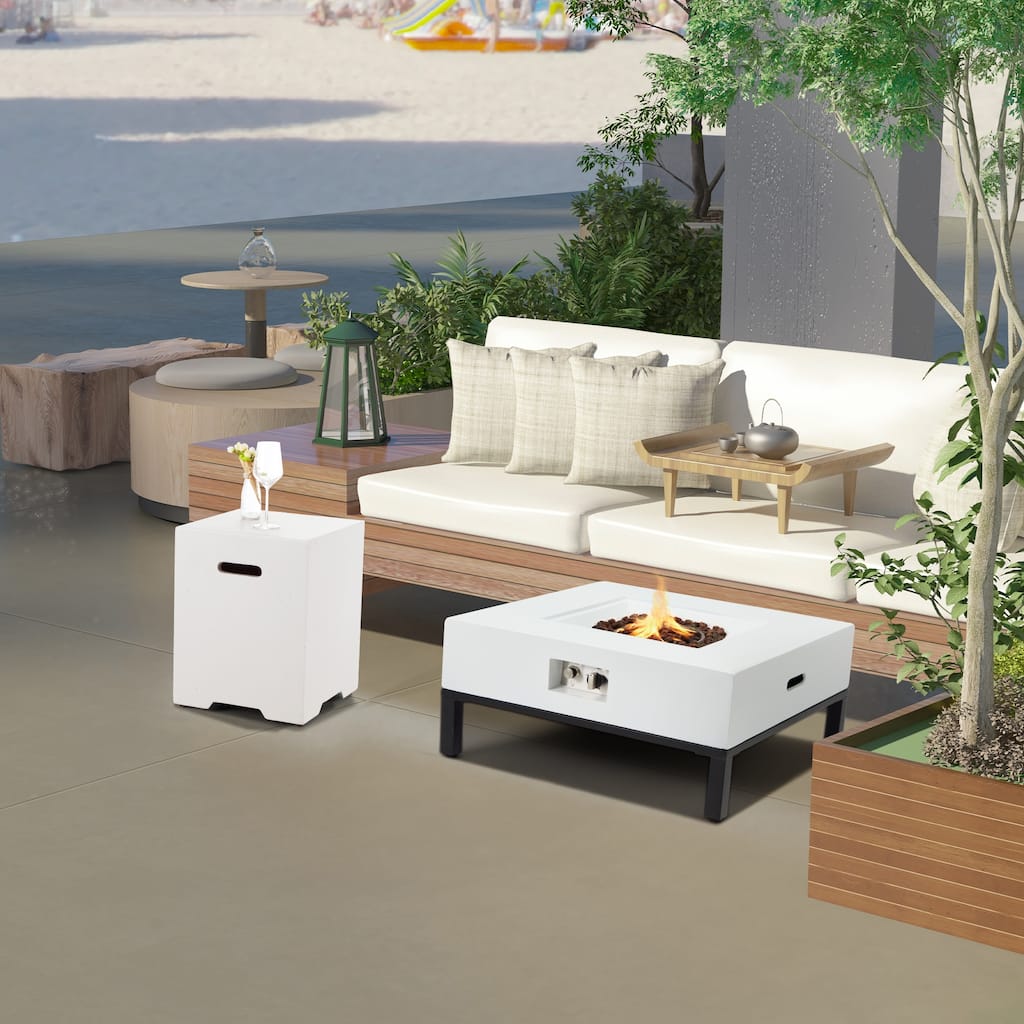 AVAWING 2-Piece 32" Square Concrete Fire Table with Shelves and Tank Holder