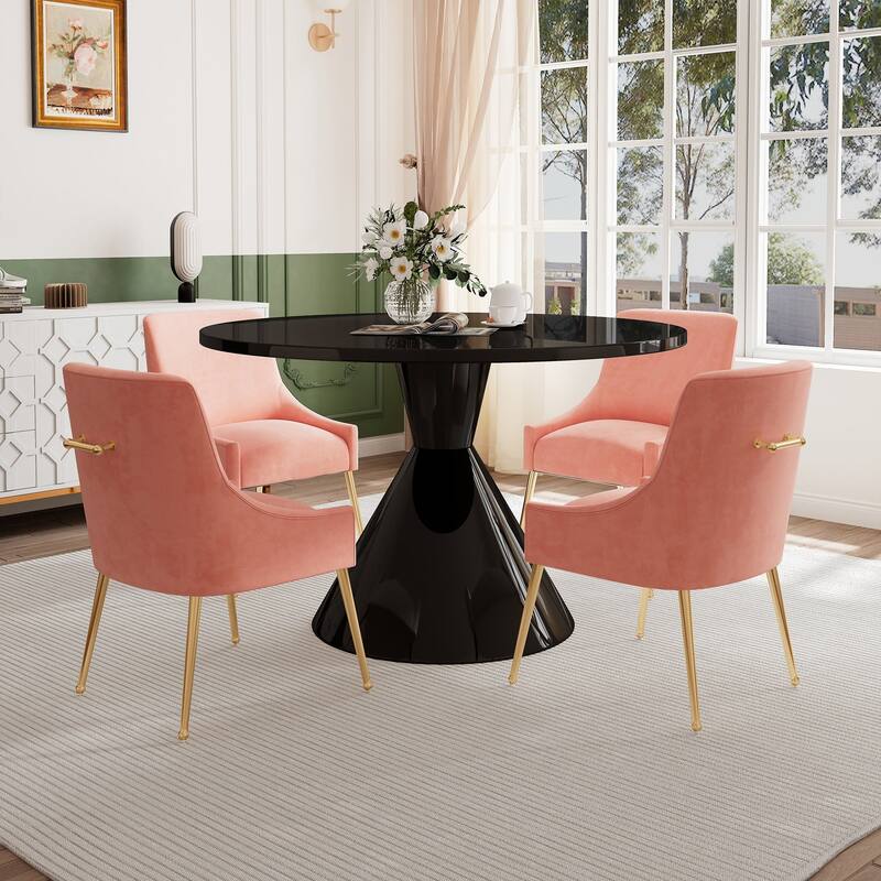48" Light Luxury Black High Gloss Large Countertop Dining Table with Velvet Dining Chair Set