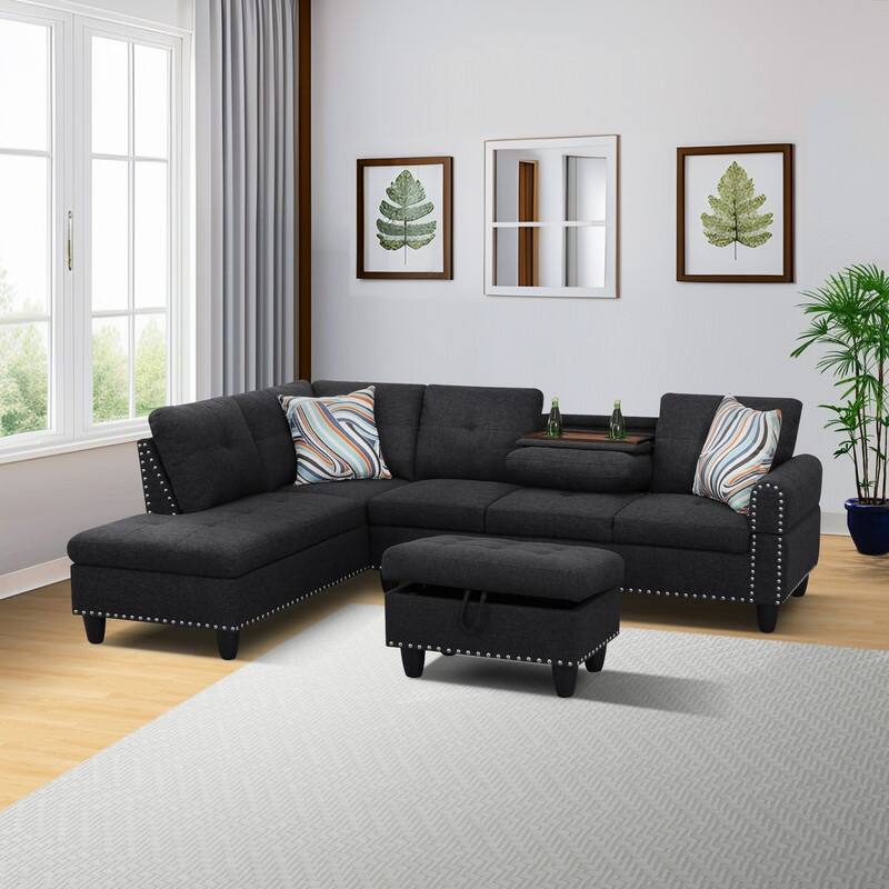 Modular Living Room Sectional with Storage Ottoman and Flip-Top Console, Black or Gray