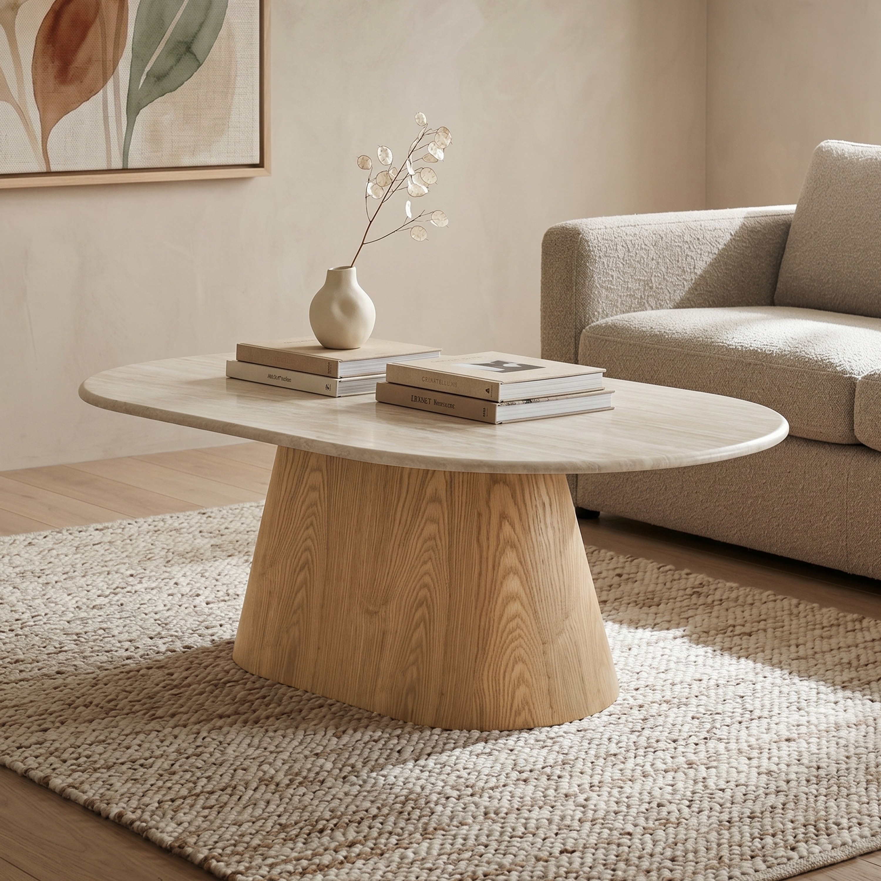 Furniture of America Yovik Modern Natural Wood Pedestal Base Oval Coffee Table with Sintered Stone Top