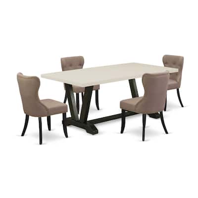 Art Nouveau Dining Set - 5 Piece Table & Chair Set - Linen Fabric Upholstered Chairs - Rectangular Table - Living Room Furniture