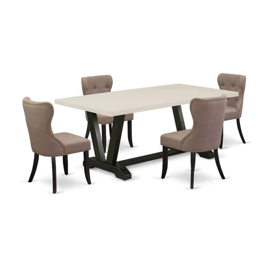 Art Nouveau Dining Set - 5 Piece Table & Chair Set - Linen Fabric Upholstered Chairs - Rectangular Table - Living Room Furniture