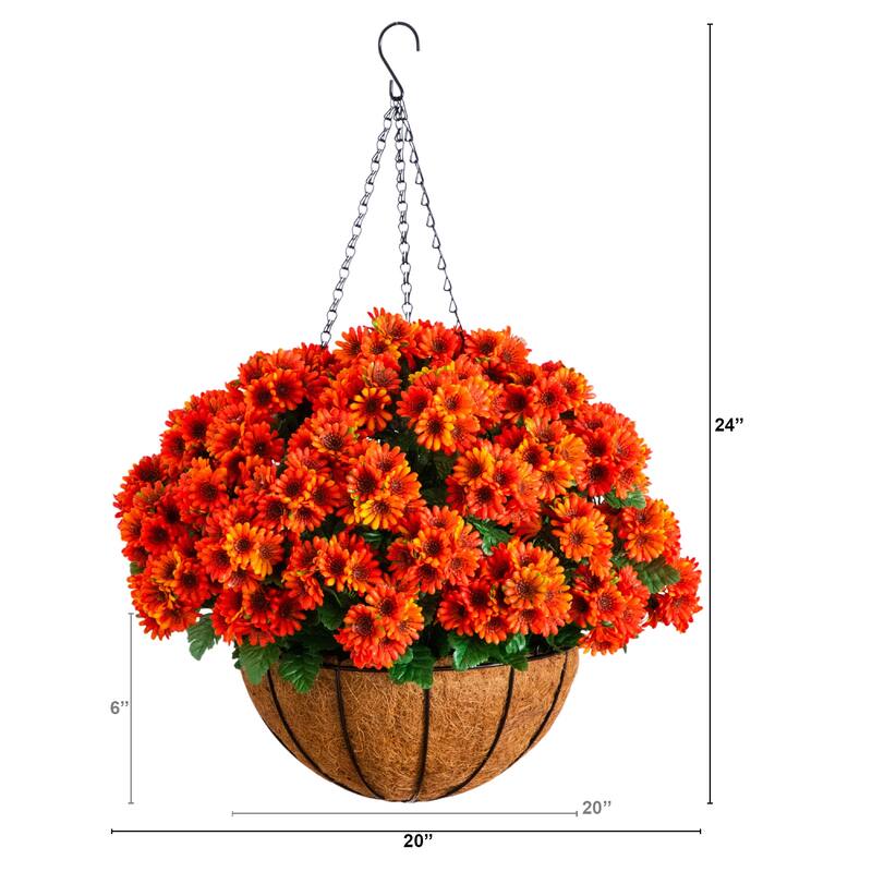 24-in UV Resistant Artificial Chrysanthemum Hanging Basket - Green