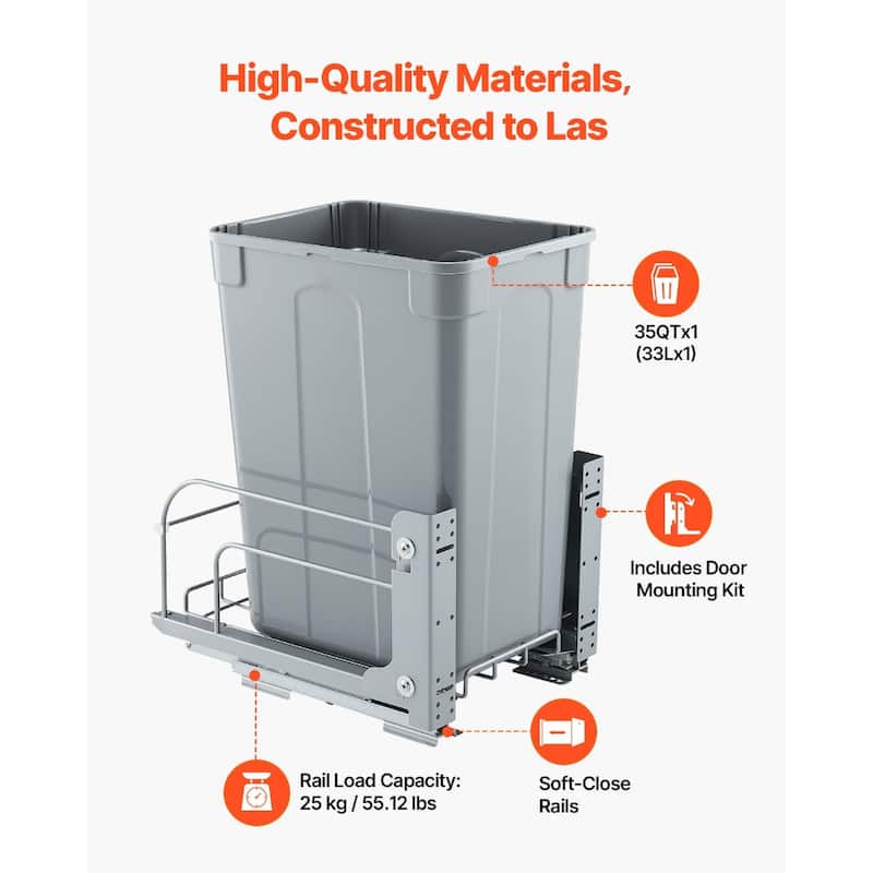 35QT Soft Close Pullout Trash Bin Under Cabinet Waste Container for Kitchen - 35-QT