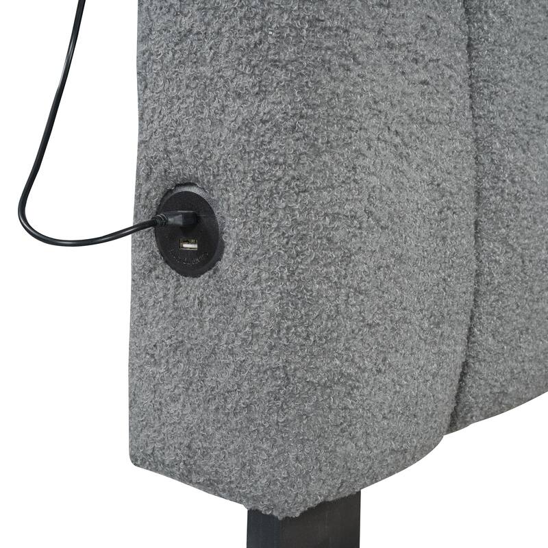 Twin Size Teddy Fleece Upholstered Platform Bed with Trundle and LED Lights, Gray