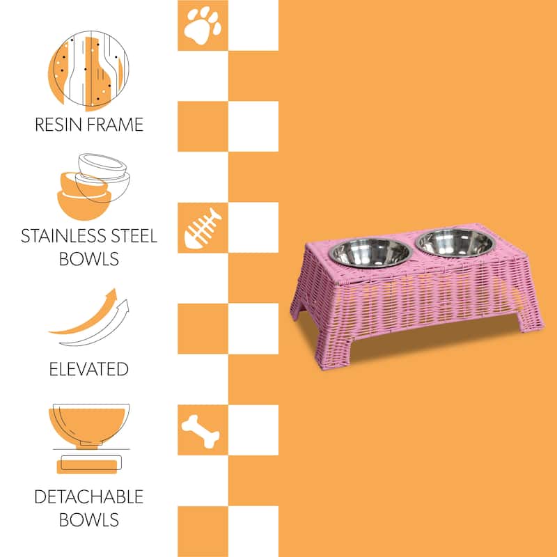 Serenity Elevated Pet Feeder 6.9" - Wicker Stand with 18oz Stainless Bowls