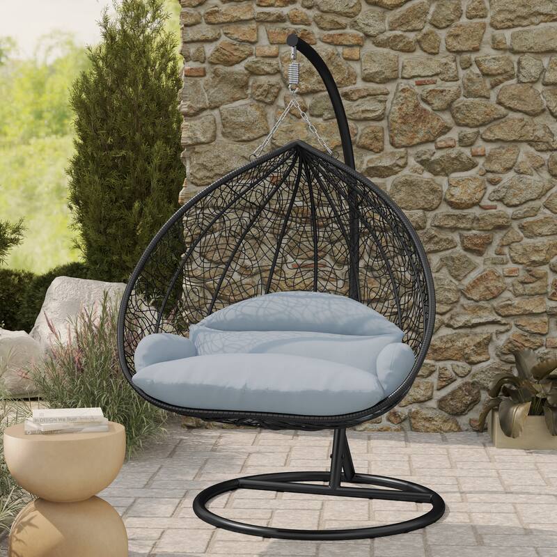 2-Person Outdoor Hanging Egg Chair with Teardrop Frame, Weather-Resistant Cotton Cushioned Seat for Patio and Indoor Use
