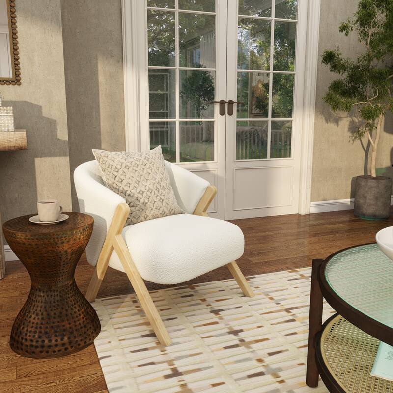 White Polyester Rounded Boucle Living Room Accent Chair with Angled Wooden Legs