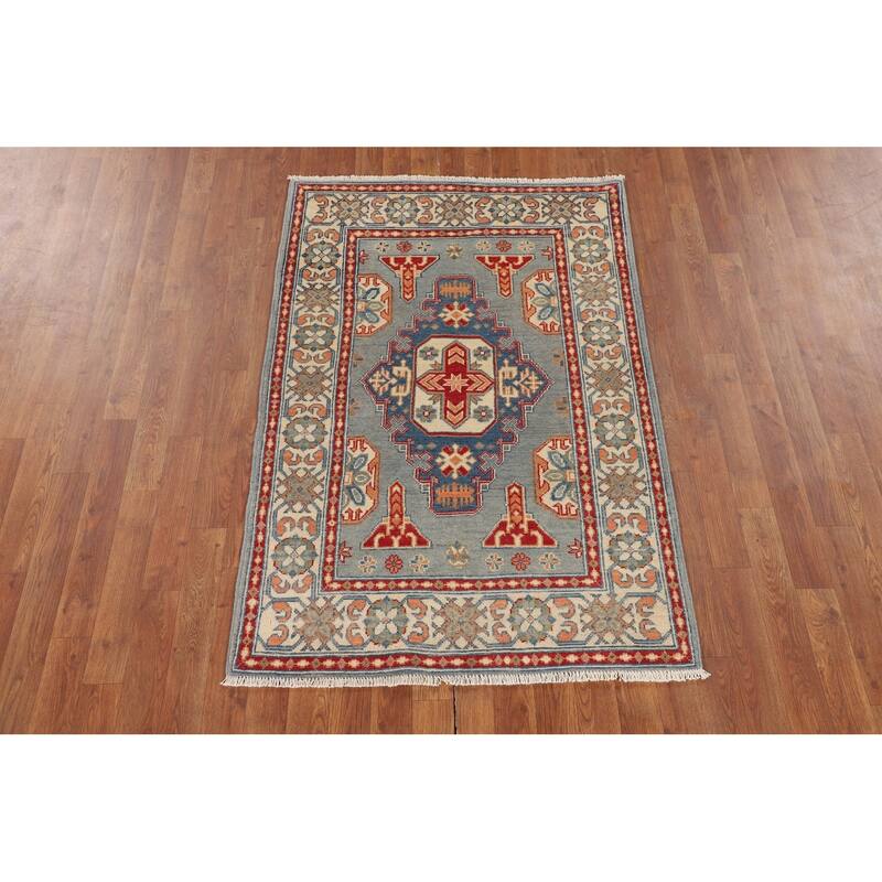 Geometric Blue Kazak Accent Rug Handmade Wool Carpet - 3'3" x 4'11"