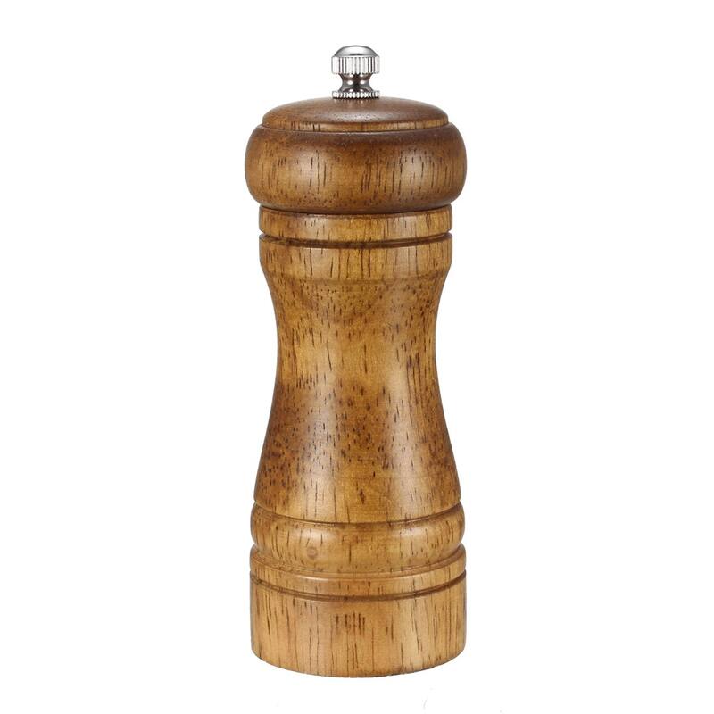 Pepper Grinder 5-inch Solid Wood Adjustable Coarseness Salt and Pepper Mill - Wooden, Silver Tone
