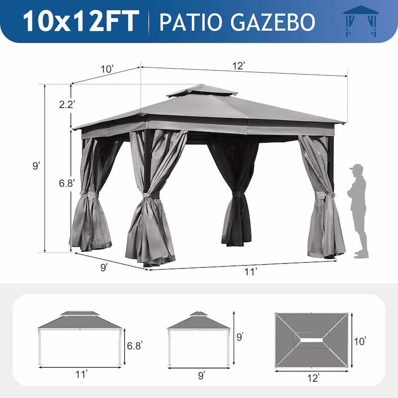 Outdoor Gazebo Tent with Double Roof, Mosquito Netting & Privacy Screens