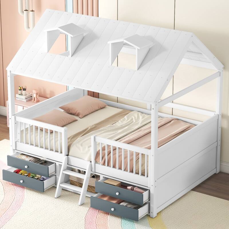 Twin/Full Size Wooden Platform Bed with 4 Drawers and Shelf, Pinewood House Bed Frame with Roof Skylights and Guardrail - White - Full