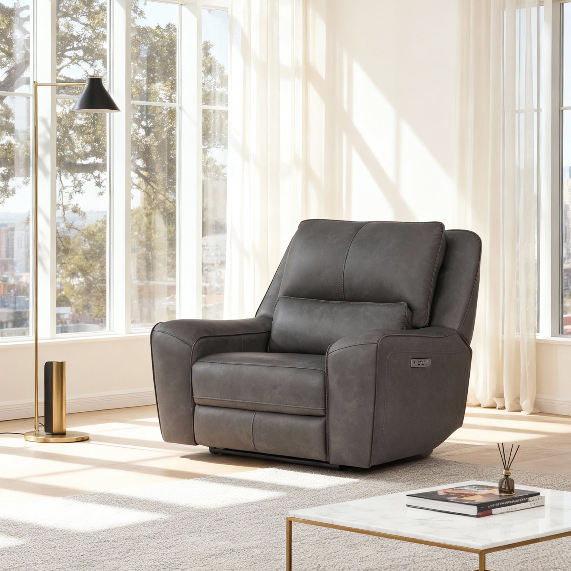 53.5" W Top Grain Leather Triple-Power Recliner with Zero Gravity, USB & Type-C Charging