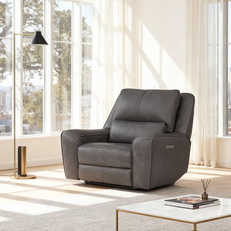 53.5" W Top Grain Leather Triple-Power Recliner with Zero Gravity, USB & Type-C Charging - Grey
