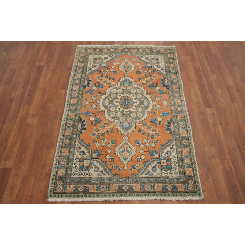 Hand Knotted Oriental 100% Wool Carpet Traditional Floral Oranges & Rust Tabriz Area Rug - 4' 11'' X 3' 3''
